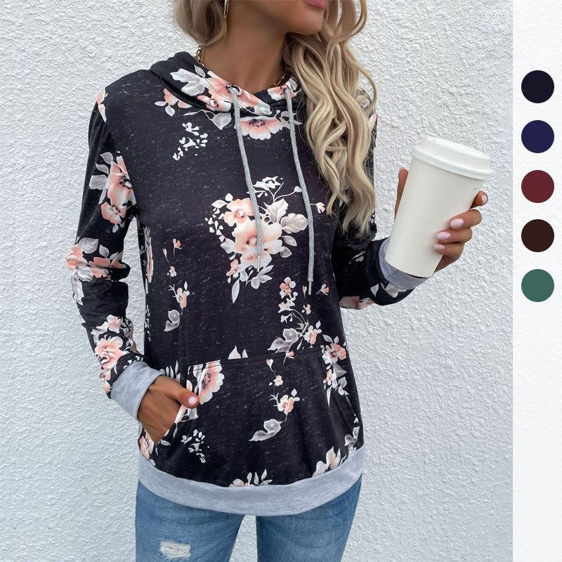 Ladies Casual Hoodie with Floral Vintage Print, Kangaroo Pocket and Contrasting Cuffs