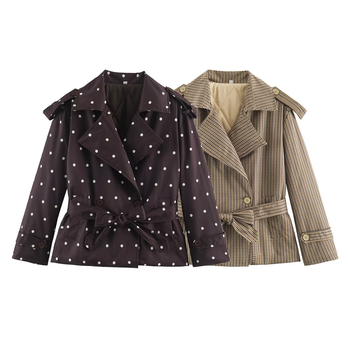 Women's short trench coat in checkered pattern with waist belt, shoulder straps and quilted inner lining Chichicherry