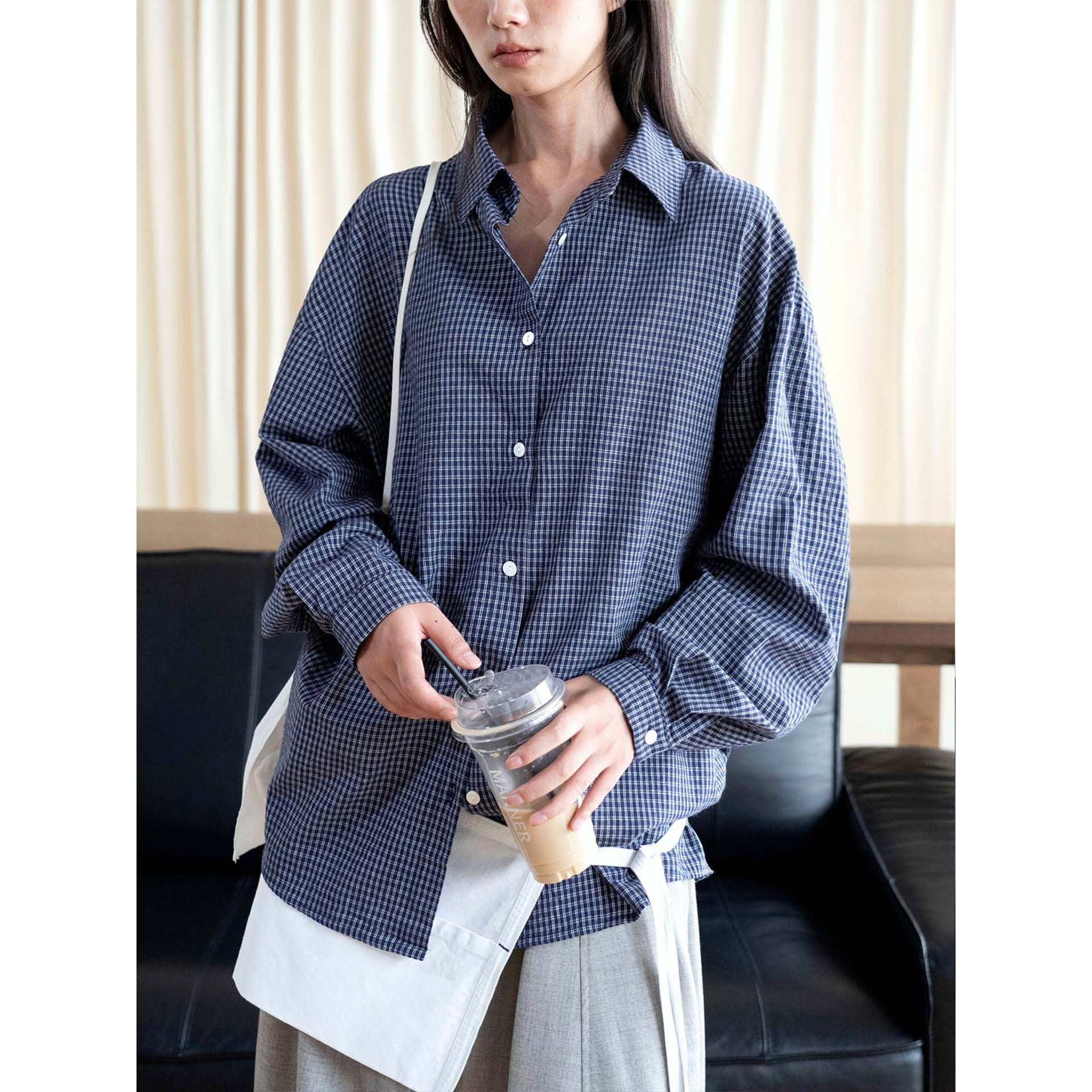 Women's Oversized Checked Shirt Blouse with Relaxed Fit Chichicherry