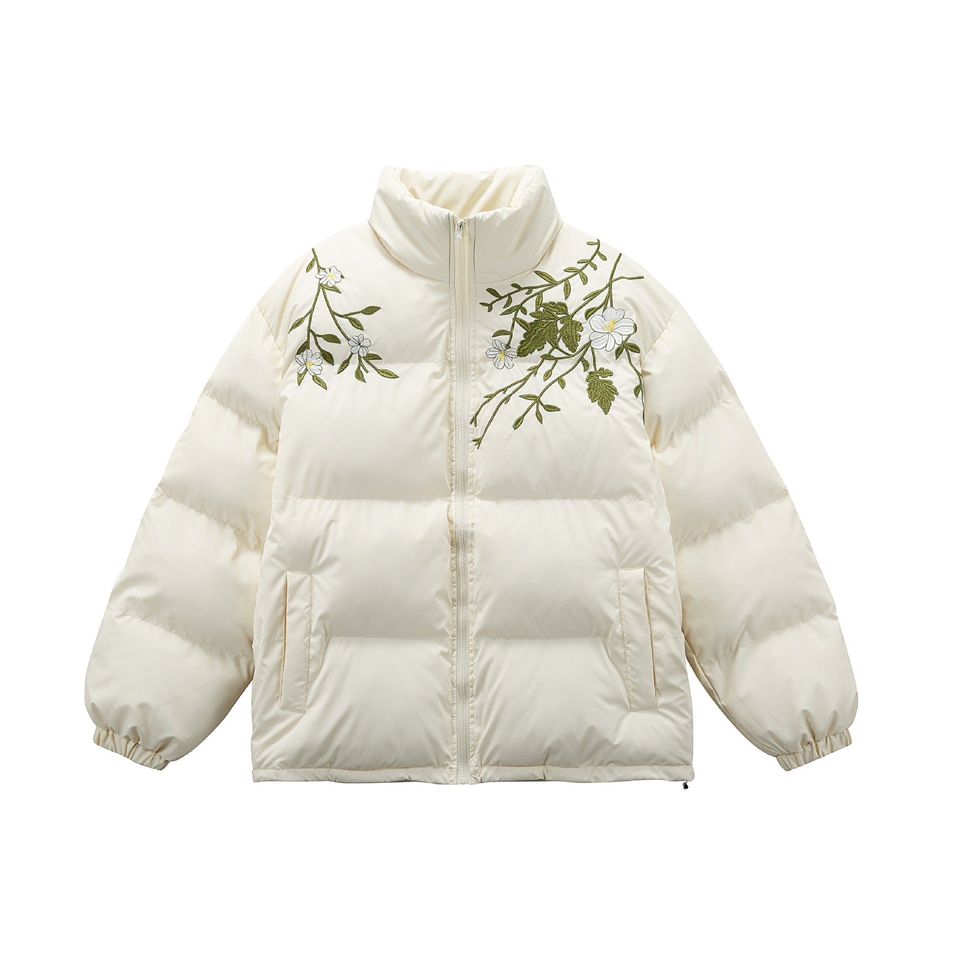 Women's Padded Oversized Quilted Jacket with Stand-up Collar and Floral Embroidery Chichicherry