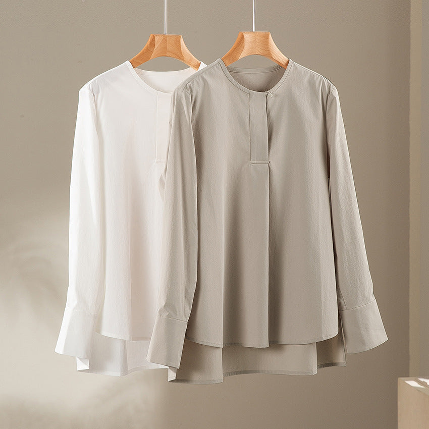 Ladies Casual Long Sleeve Blouse with Hidden Button Placket and Layered Hem Chichicherry