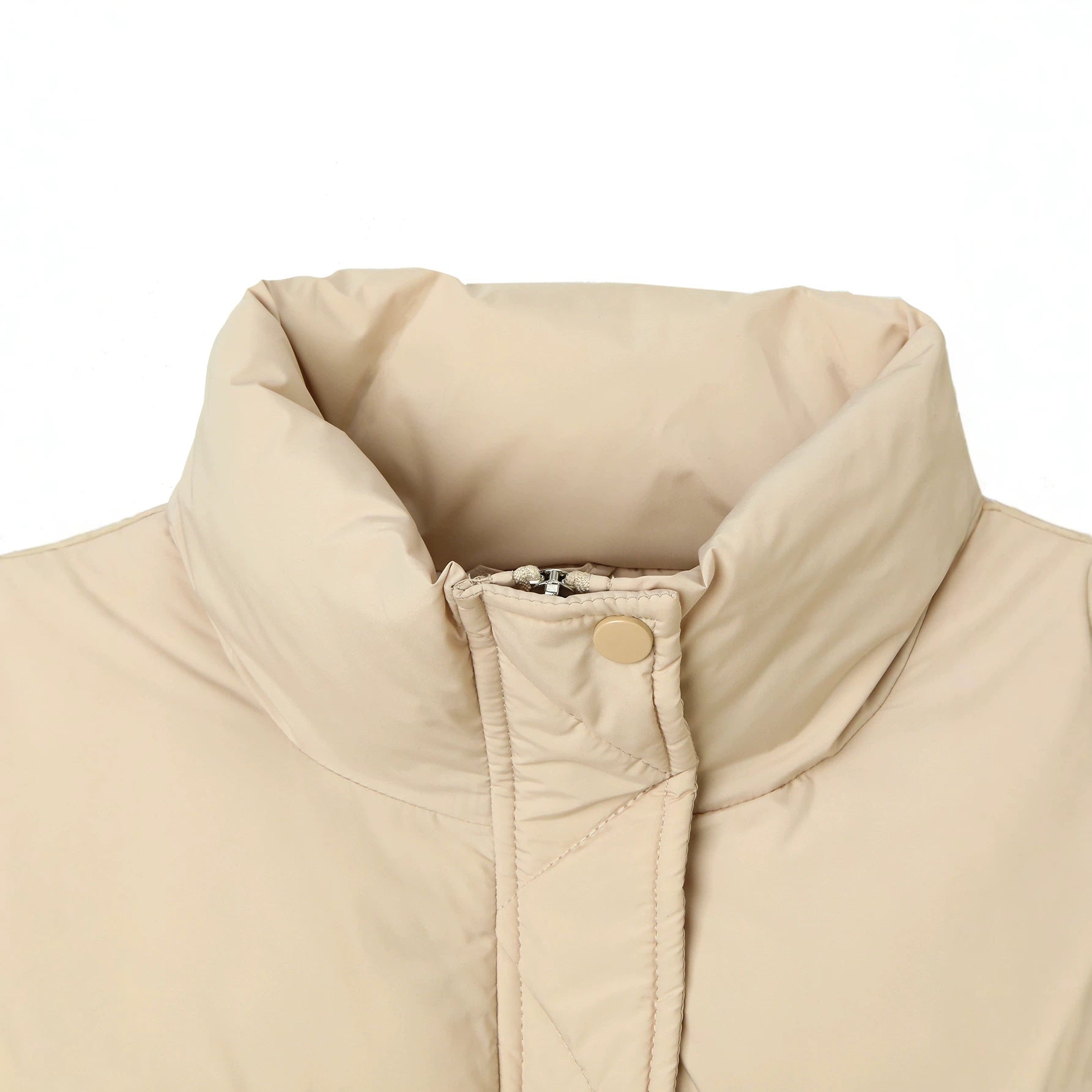 Women's Boxy Puffer Jacket with High Stand-Up Collar and Concealed Snap Button Placket Chichicherry