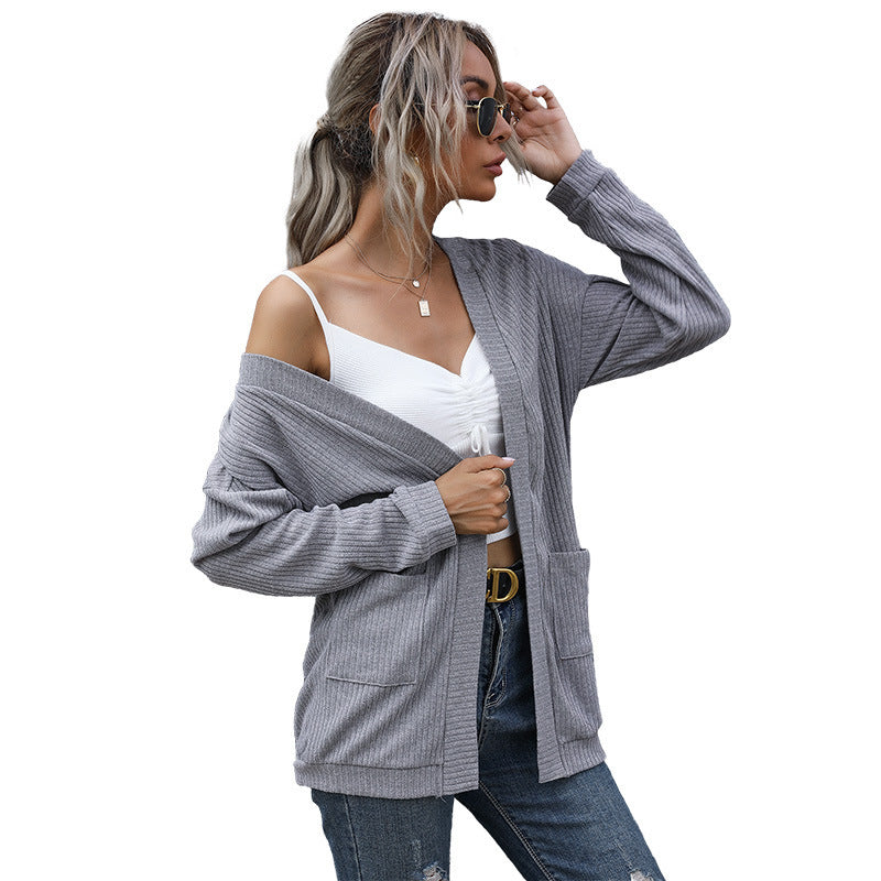 Women Loose Fine Knit Cardigan with Ribbed Textured Knit and Patch Pockets Chichicherry