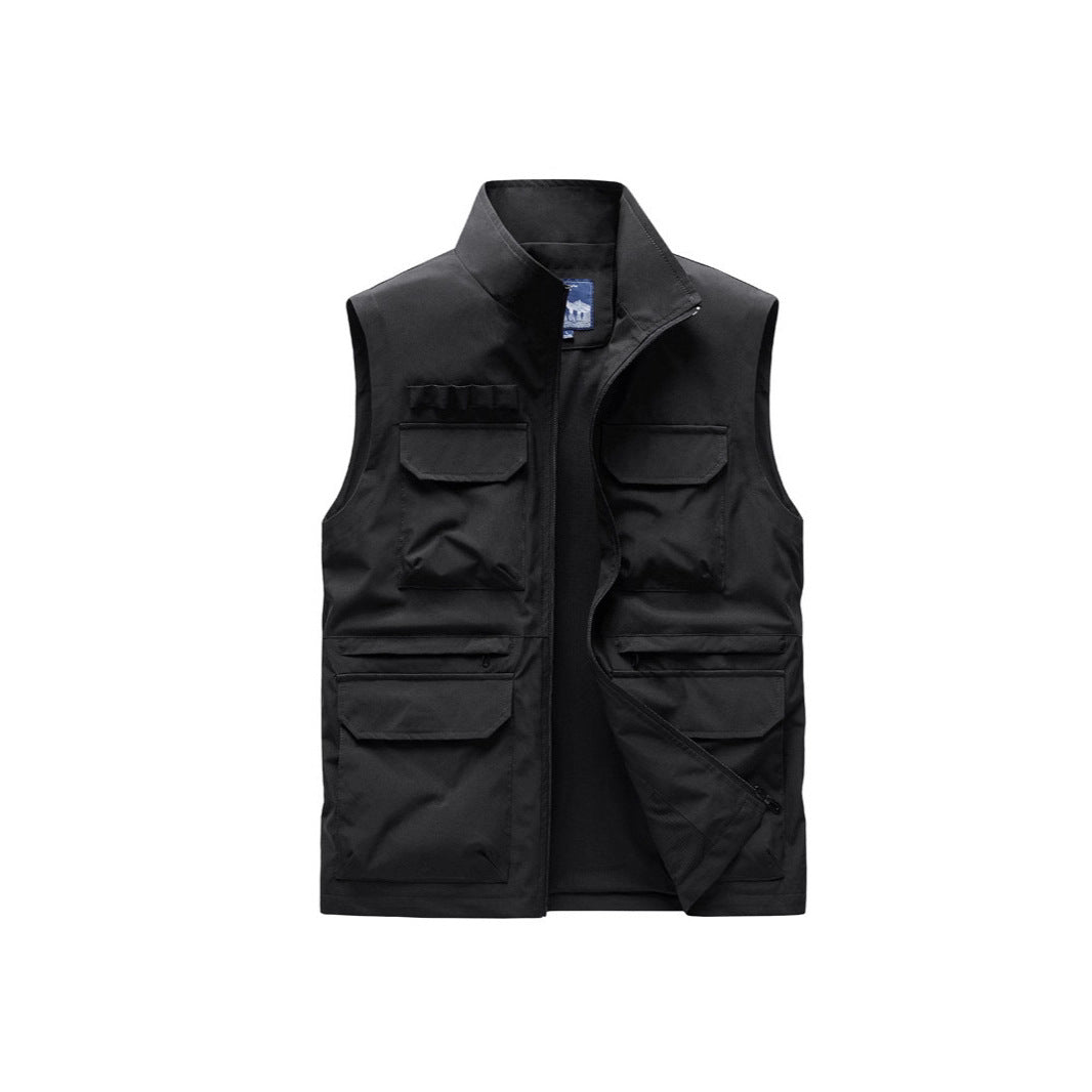 Men's Outdoor Utility Vest with eight multifunctional pockets, durable cotton blend, and wind protection collar Chichicherry