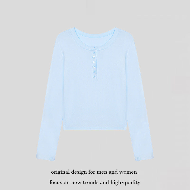 Women's short-cut Henley long-sleeve shirt made of cotton jersey with button placket Chichicherry