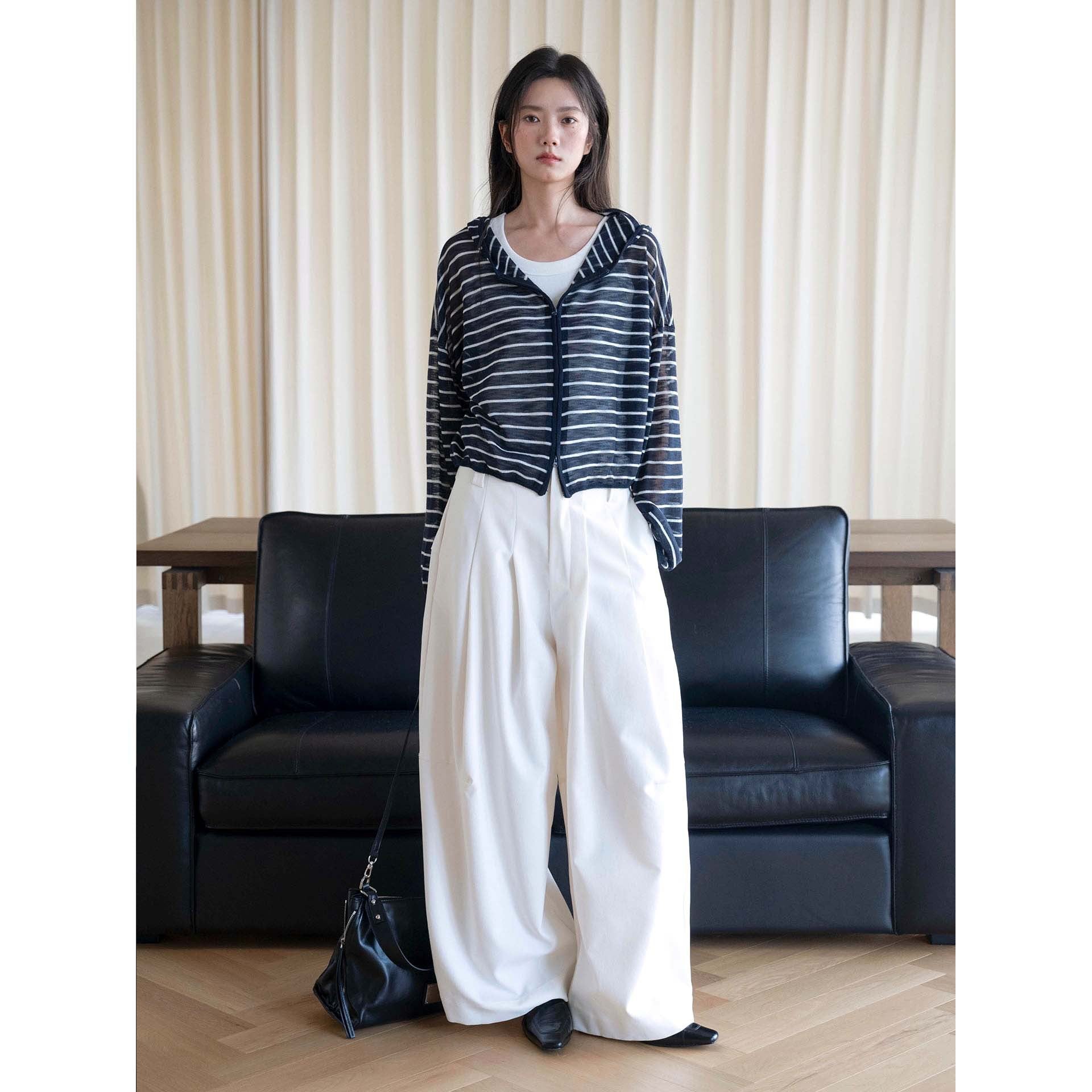 Ladies Striped Lightweight Hoodie Cardigan with Zipper Chichicherry