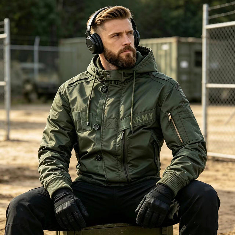 Men's Military-Inspired Hooded Bomber Jacket with Utility Pockets Chichicherry