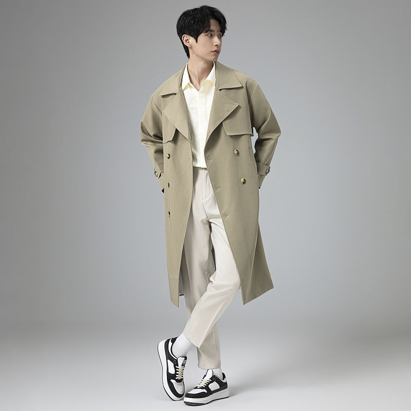 Men's Oversized Double-breasted Wool Blend Trench Coat with Shawl Collar and Contrast Flap Chichicherry