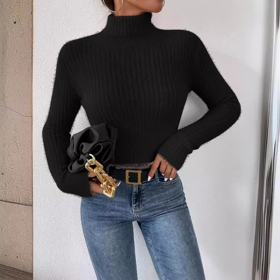 Women's Short Ribbed Turtleneck Sweater with Fluffy Mohair Look Chichicherry