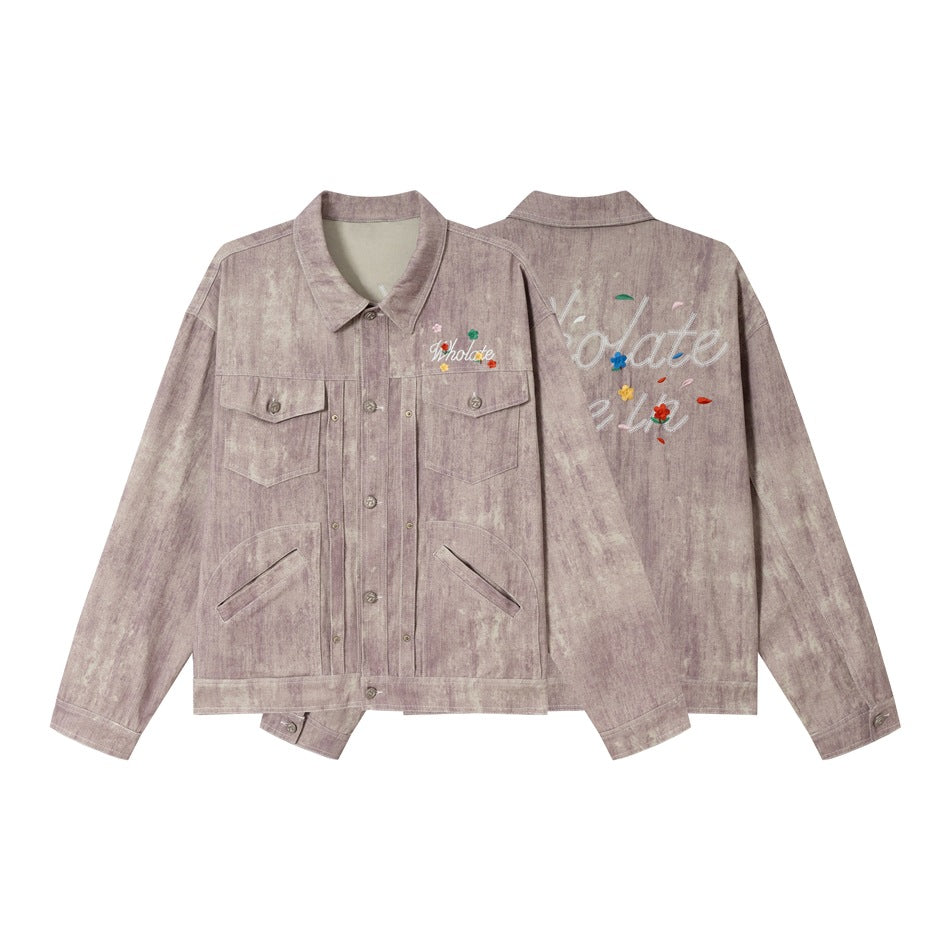 Unisex Boxy Denim Jacket with Acid Wash Effect, Flap Pockets and Floral Chest Embroidery Chichicherry