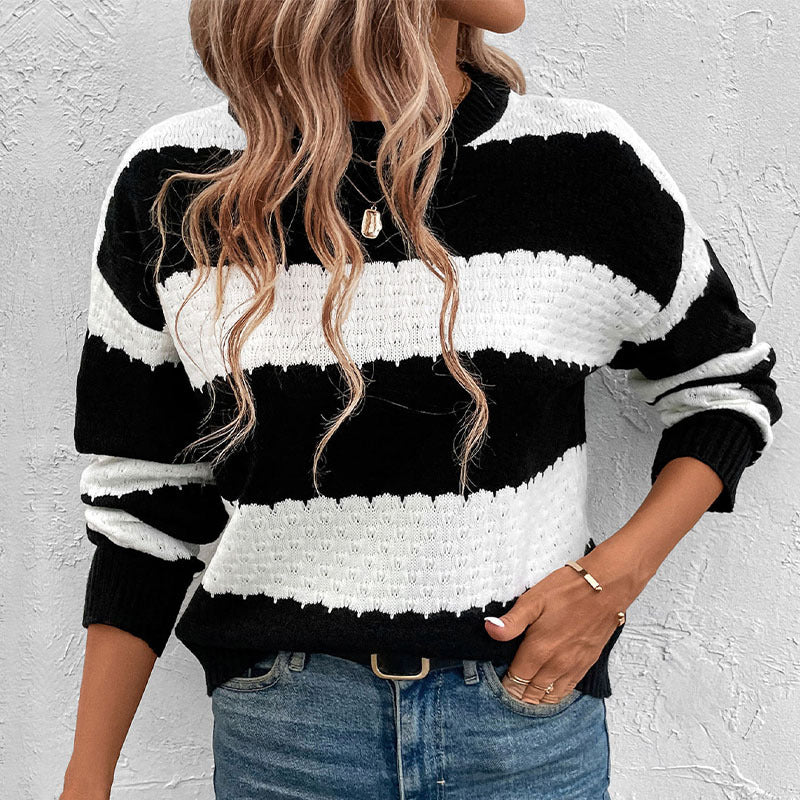 Women's Oversize Fisherman Knitted Sweater with Block Stripes, Openwork Structure and Ribbed Cuffs Chichicherry
