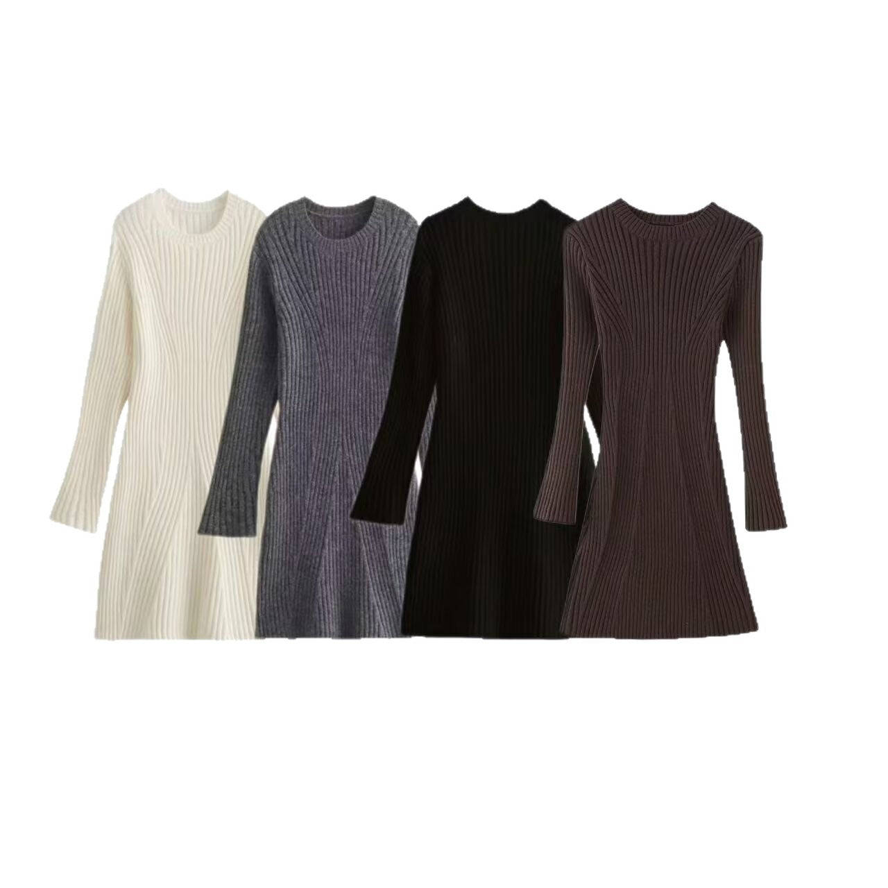 Women's Ribbed Knit Dress with Flared A-Line and Wide Cuffs Chichicherry