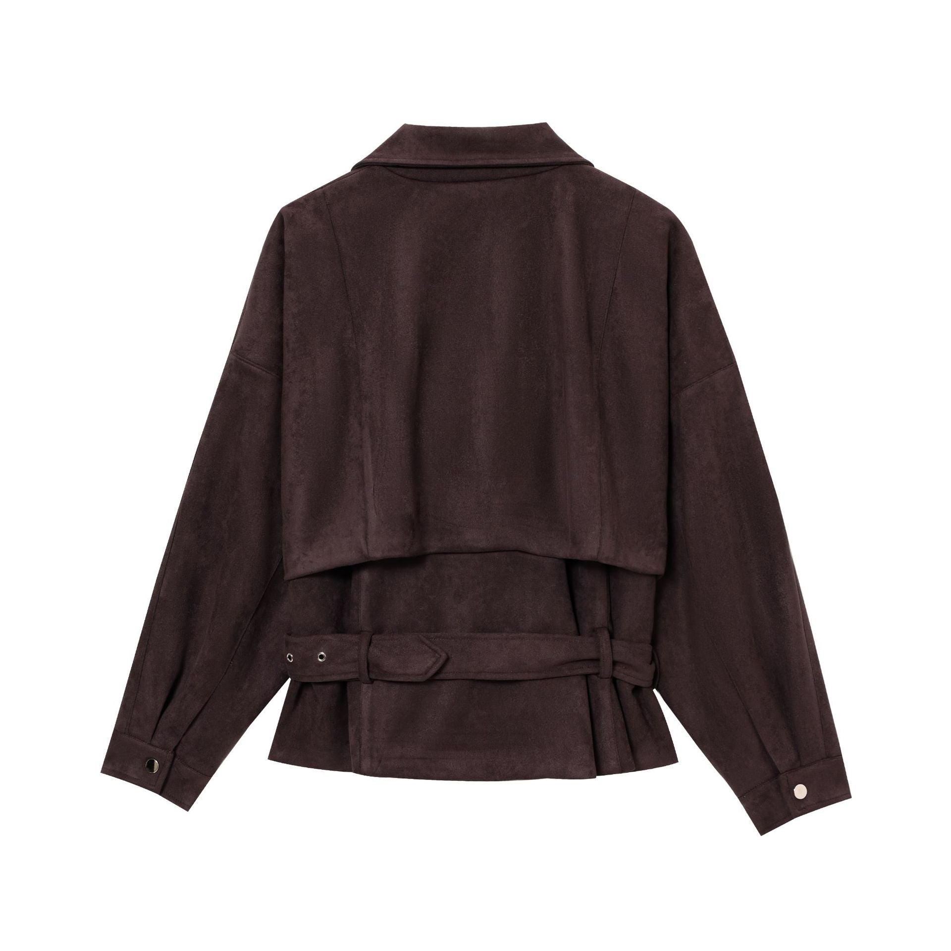 Women Short Suede Look Trench Coat with Waist Belt and Zipper Details Chichicherry