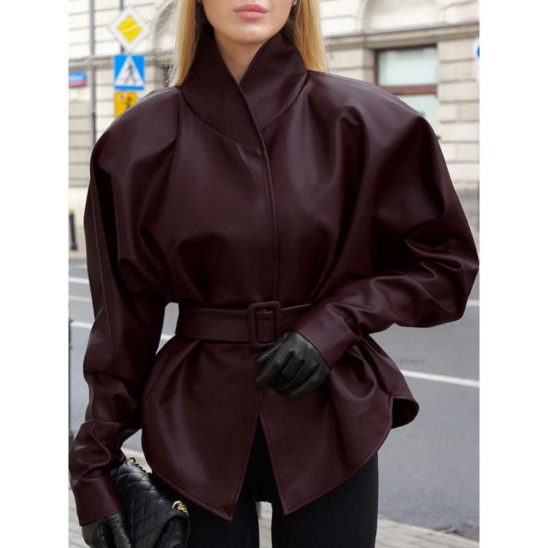 Women's leather look jacket with fitted belt and high stand-up collar Chichicherry