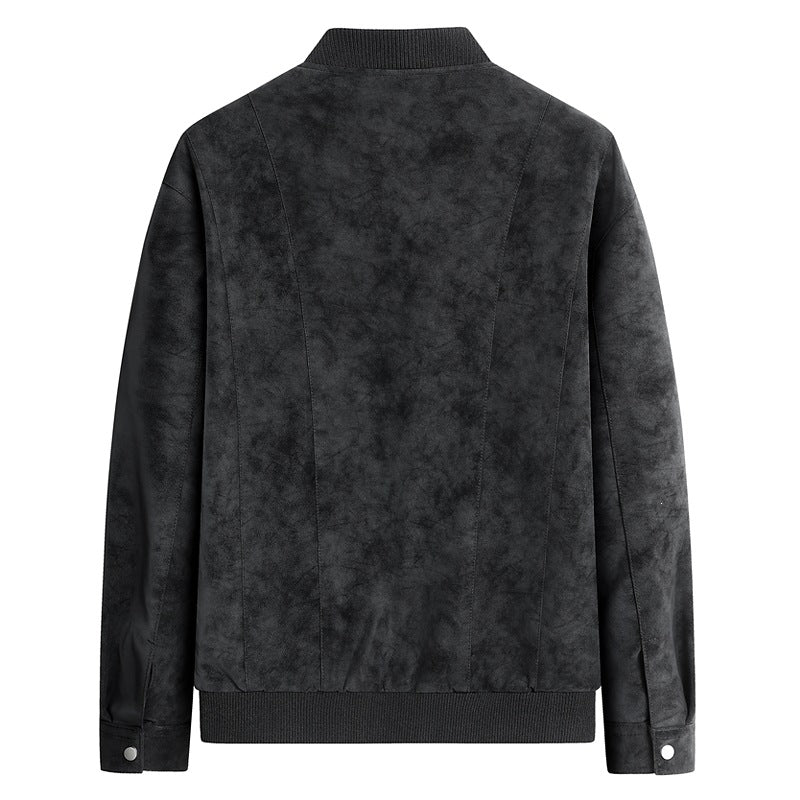 Men's Suede Optic Bomber Jacket with Vertical Quilt Seams and Ribbed Collar Chichicherry