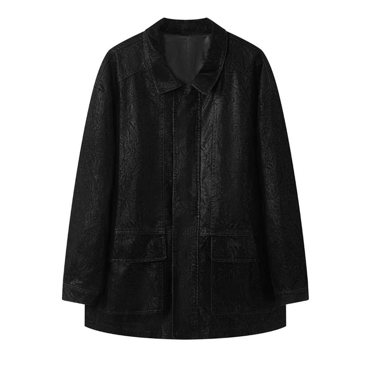 Women's Oversize Faux Leather Coat with Zipper and Patch Pockets Chichicherry