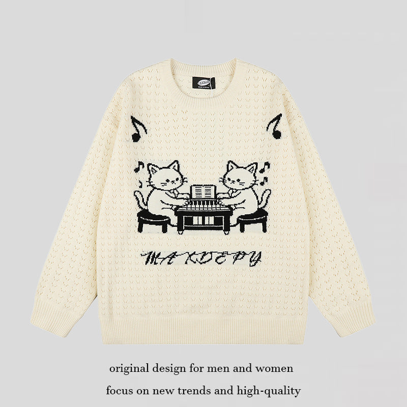 Women's Oversize Knit Sweater with Jacquard Cat Motif and Musical Design Chichicherry