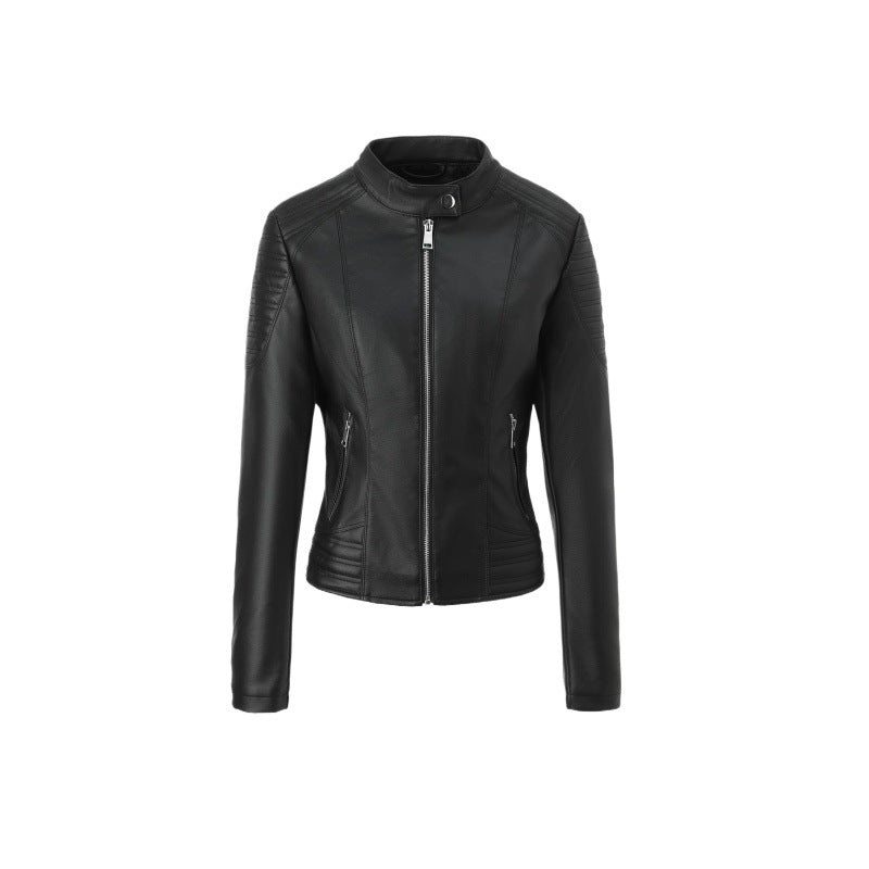 Women's Tailored Faux Leather Biker Jacket with Stand Collar and Quilted Details Chichicherry