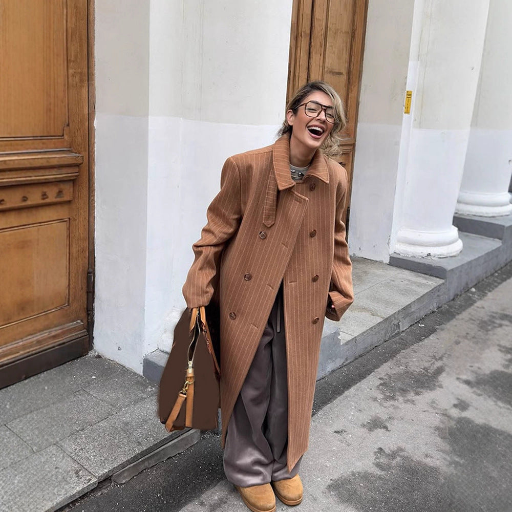 Women Double-Breasted Oversized Wool Blend Coat with Pinstripes and Loose Fit Chichicherry