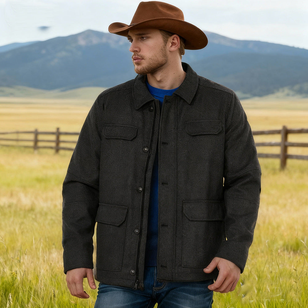 Men's Wool Blend Field Jacket with Flap Pockets, Full Button Placket and Shirt Collar Chichicherry