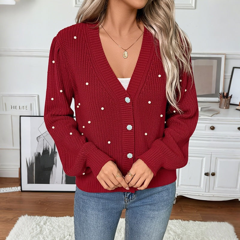 Women Pearl-Embellished Chunky Knit Cardigan with V-Neck Chichicherry