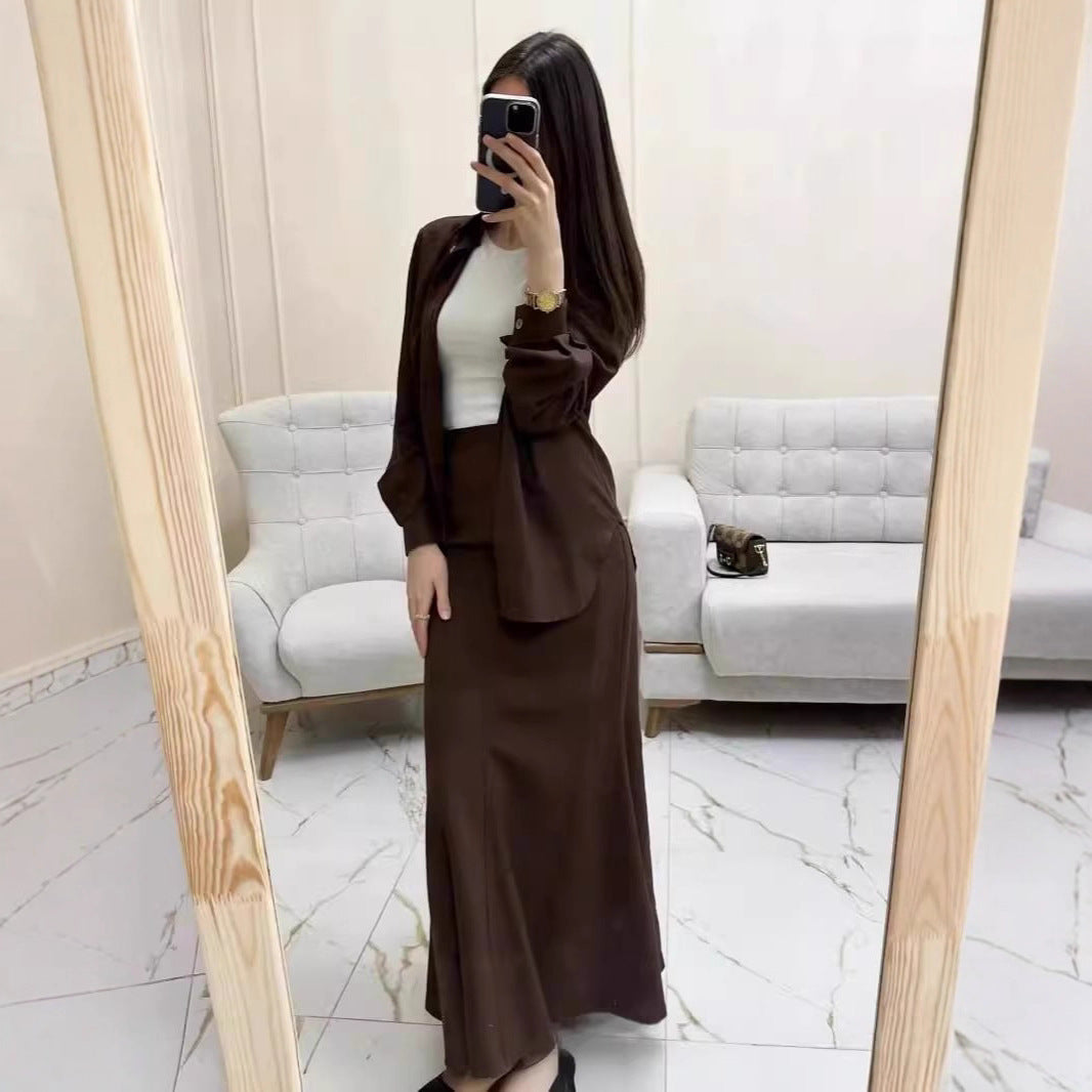 Women Two-Piece Set Tube Maxi Skirt with Flared Hem and Oversize Shirt Chichicherry