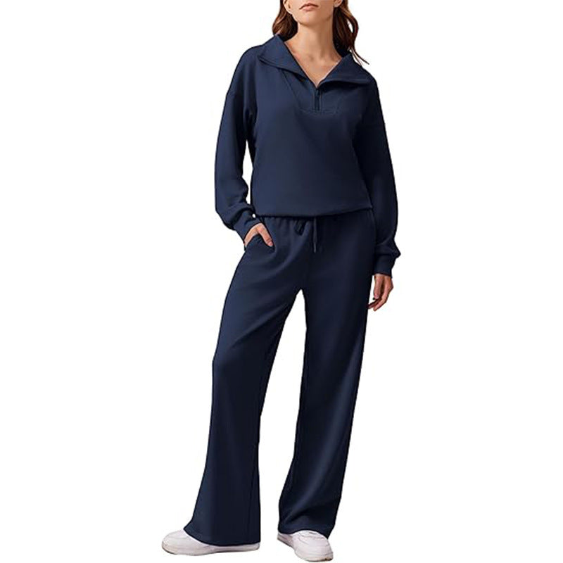 Women Casual Two-Piece with Half Zipper and Flowing Wide-Leg Jogging Pants Chichicherry