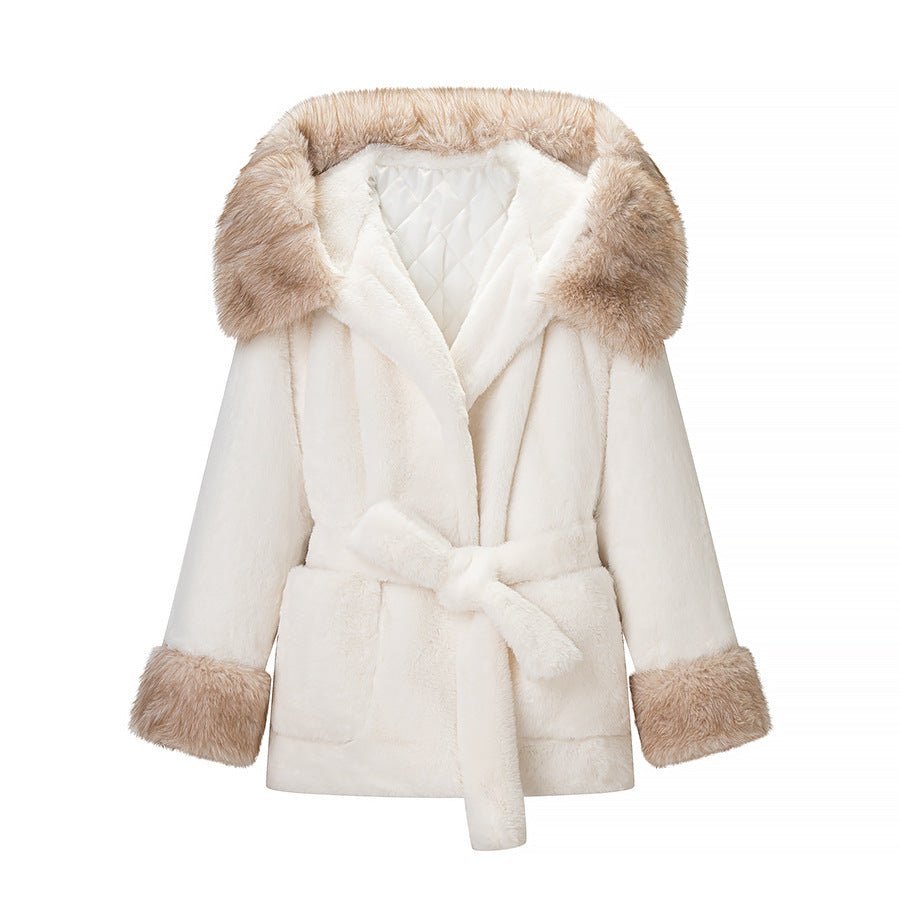 Women's Short Teddy Faux Fur Coat with Hood, Quilted Lining and Ties Chichicherry