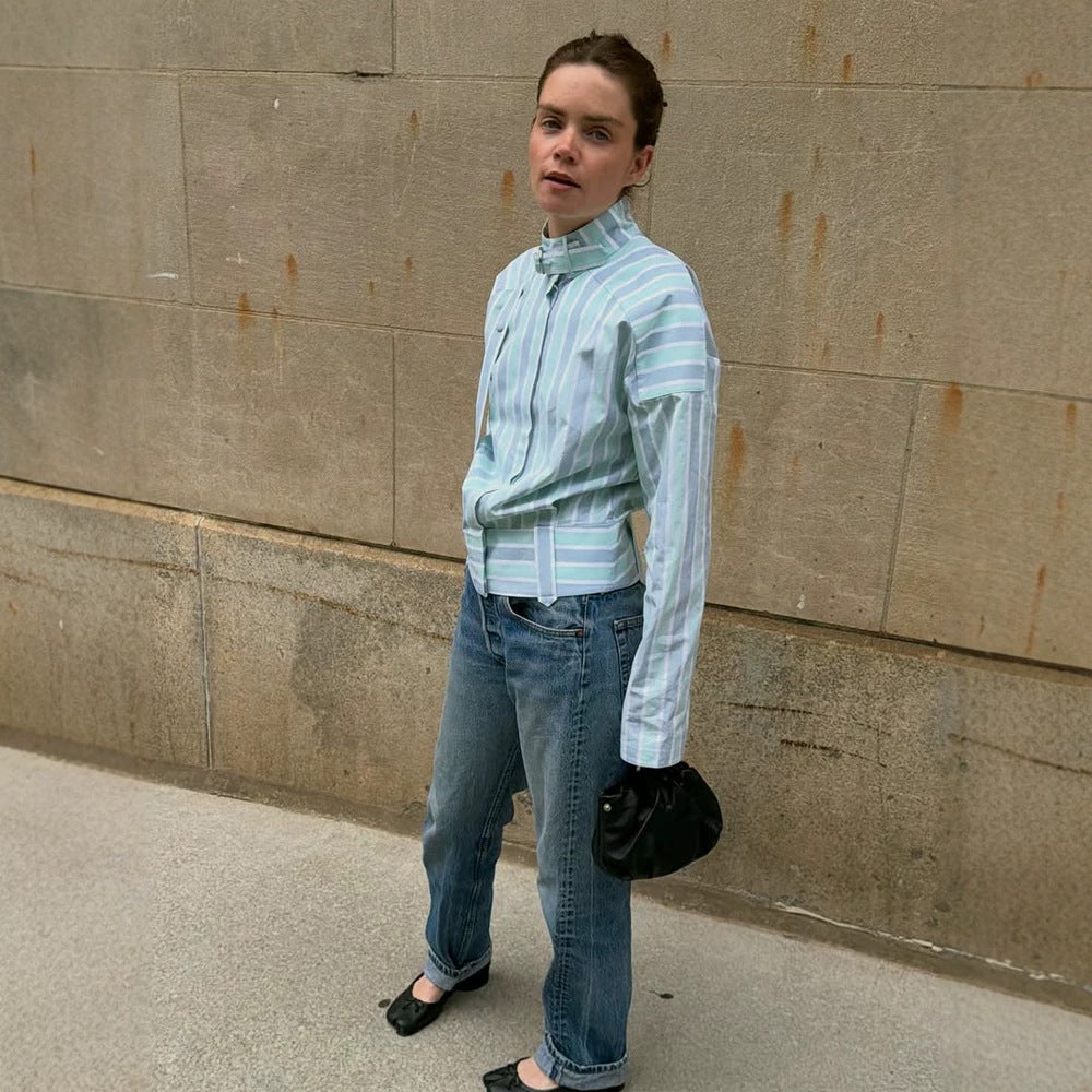 Women's Structured Blouse with Stand Collar, Waist Belt and Vertical Stripe Design Chichicherry