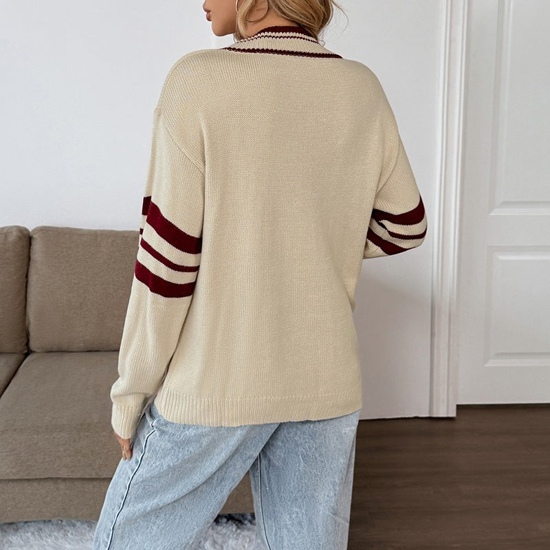 Women's Oversize V-Neck Knit Sweater with Off-Shoulder Detail and Contrast Stripes Chichicherry