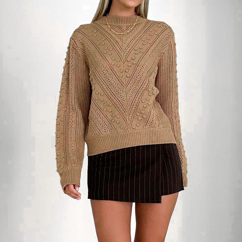 Women's Structured Openwork Knit Sweater with Bobble Pattern and Stand-Up Collar Chichicherry