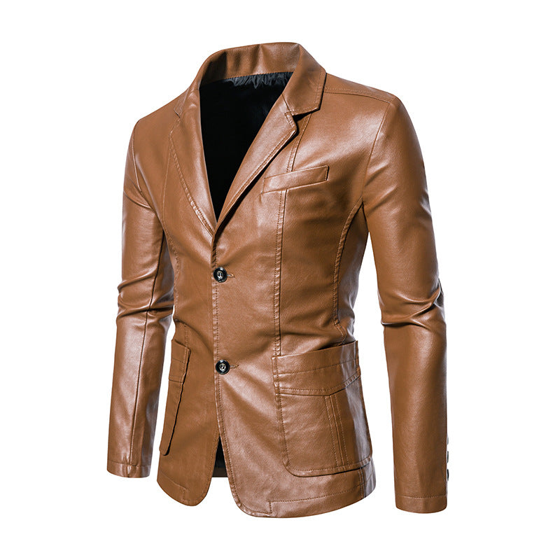 Men's modern fitted leather-look blazer with soft seams, lapel collar & patch front pockets Chichicherry