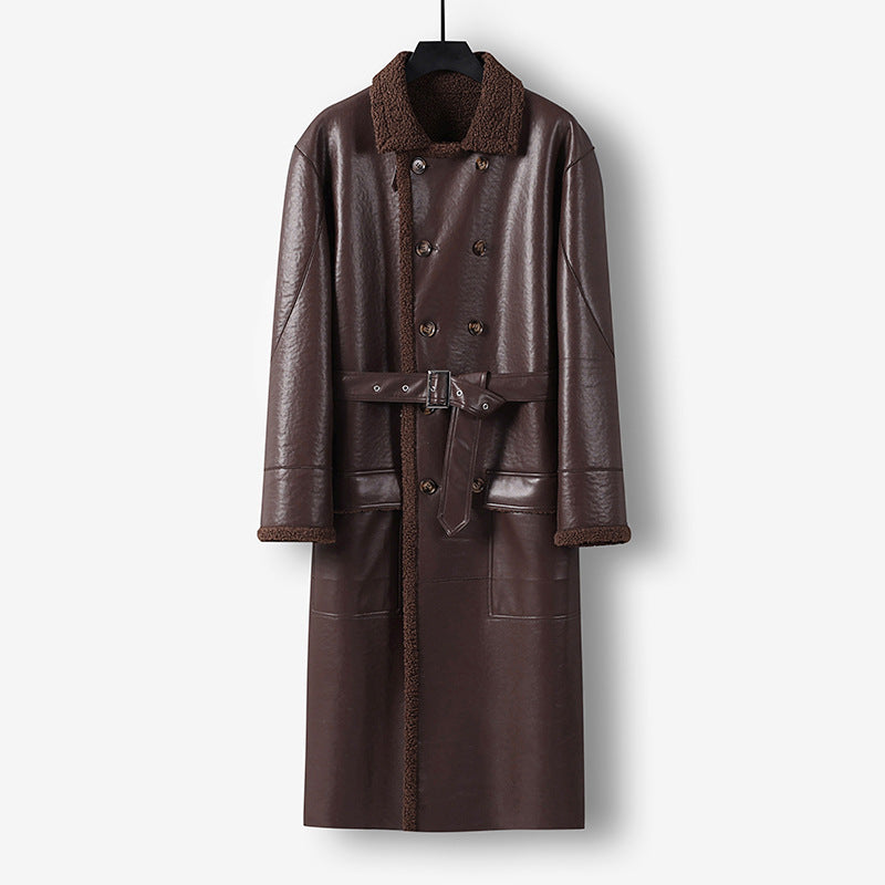 Men's Maxi-length Faux Leather Coat with Teddy Lining, Double-breasted Button Placket and Waist Belt Chichicherry