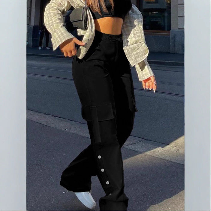 Women's High-Waist Cargo Pants with Wide Leg, Drawstring and Side Snap Details Chichicherry