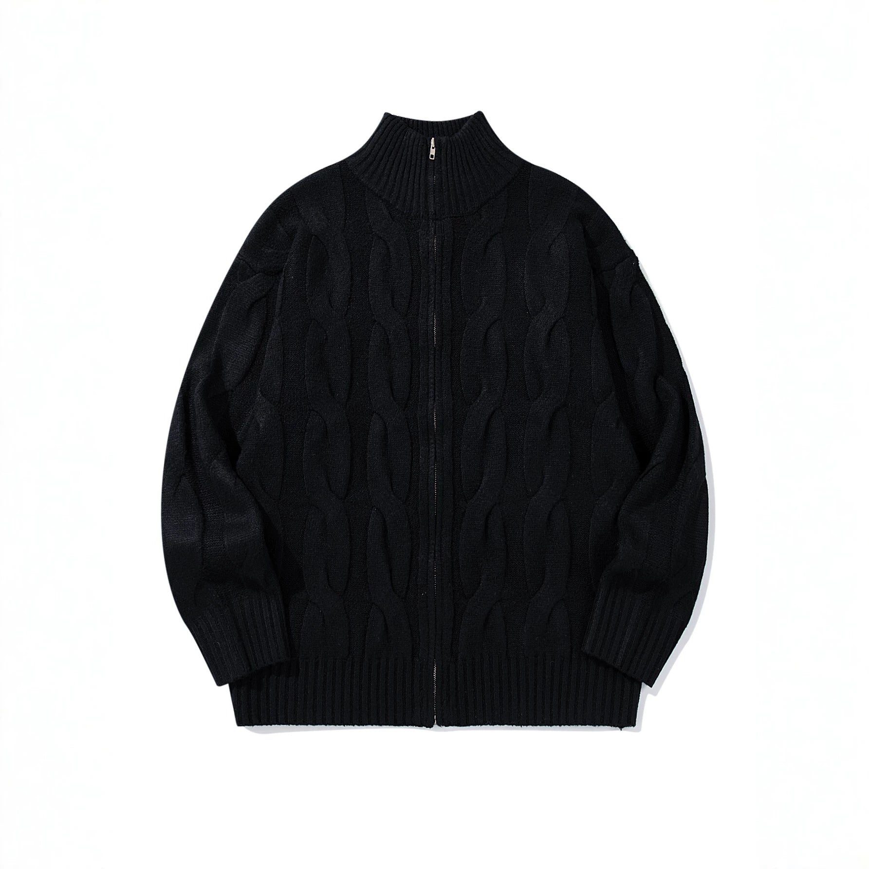 Women's thick knitted zip cardigan with cable pattern and high ribbed collar Chichicherry