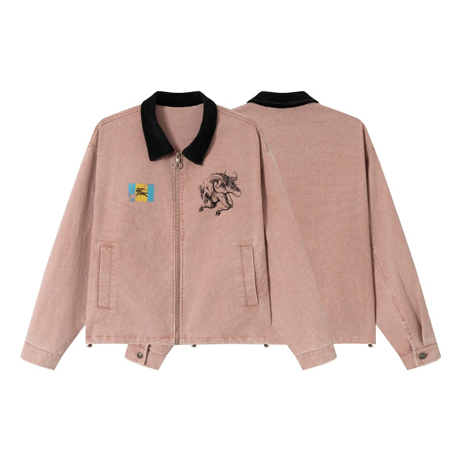 Unisex Boxy Blouson Jacket made of washed cotton twill with cord collar and print details Chichicherry