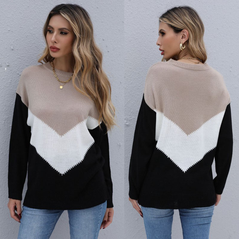 Women's Oversized Fine Knit Sweater with Chevron Color Block and Round Neck