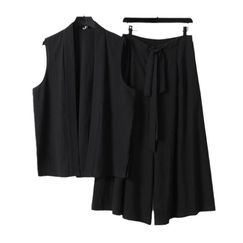 Women Sleeveless Kimono Vest and High-Waisted Culotte Pants with Tie Belt Chichicherry