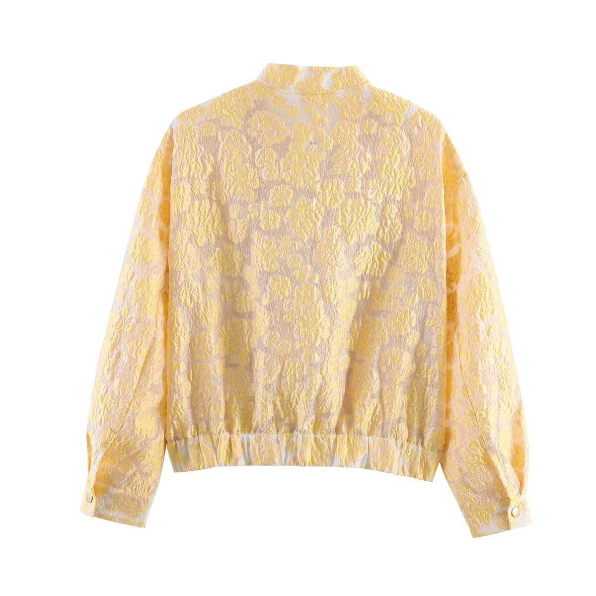 Women's Short Floral Jacquard Bomber Jacket with Zipper and Flap Pockets Chichicherry