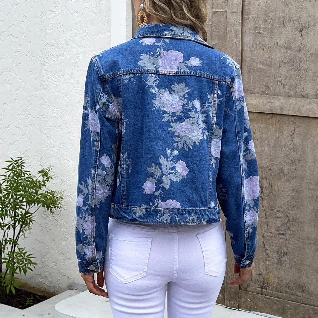 Women's Short-Cut Denim Jacket with Floral Watercolor Print and Flap Pockets Chichicherry