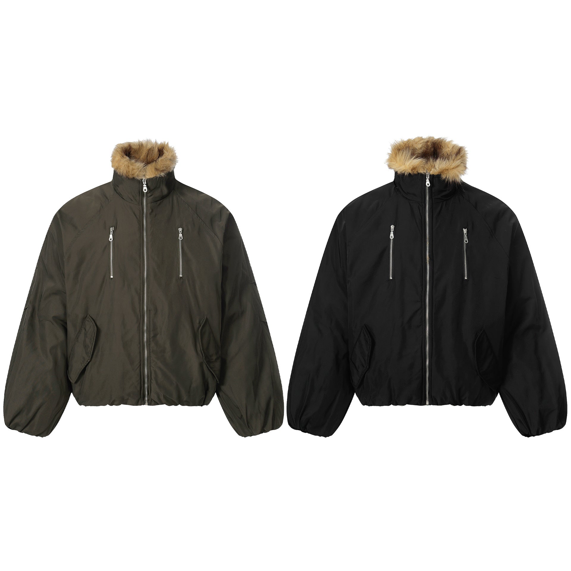 Men's short-cut boxy puffer jacket with faux fur hood and vertical zip pockets Chichicherry