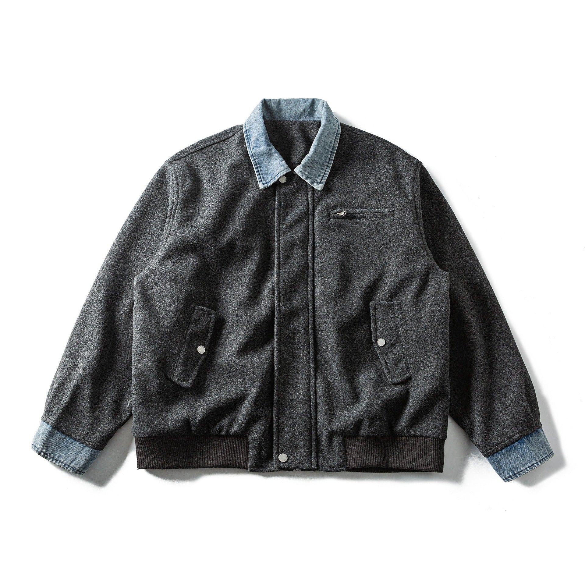 Men's Short Wool Blend Bomber Jacket with Denim Collar and Flap Pockets Chichicherry