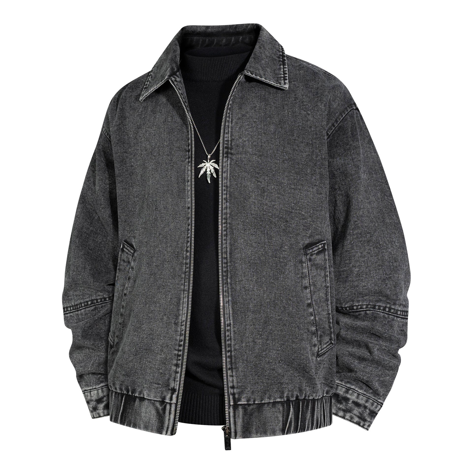 Men's Oversized Vintage Denim Jacket with Continuous Metal Zipper Chichicherry