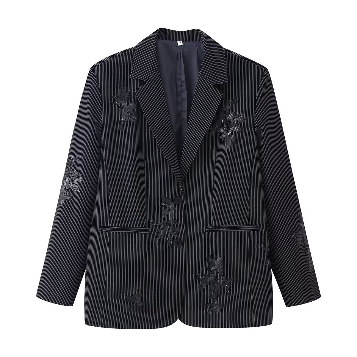 Women's High-Waisted Wide Marlene Trousers with Pinstripes and Sequin Embroidery Chichicherry