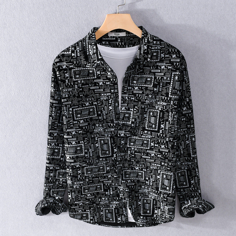 Men's Long Sleeve Shirt in Overshirt Style with Geometric Ethno Print Chichicherry
