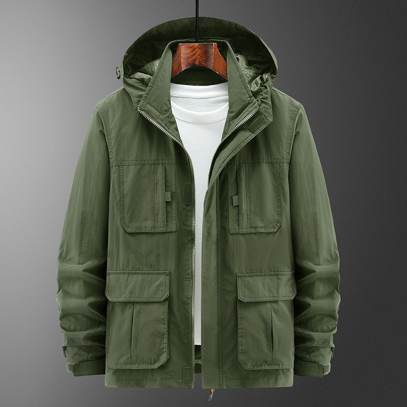 Men's Lightweight Outdoor Field Jacket with Hood, four patch pockets and concealed zipper Chichicherry