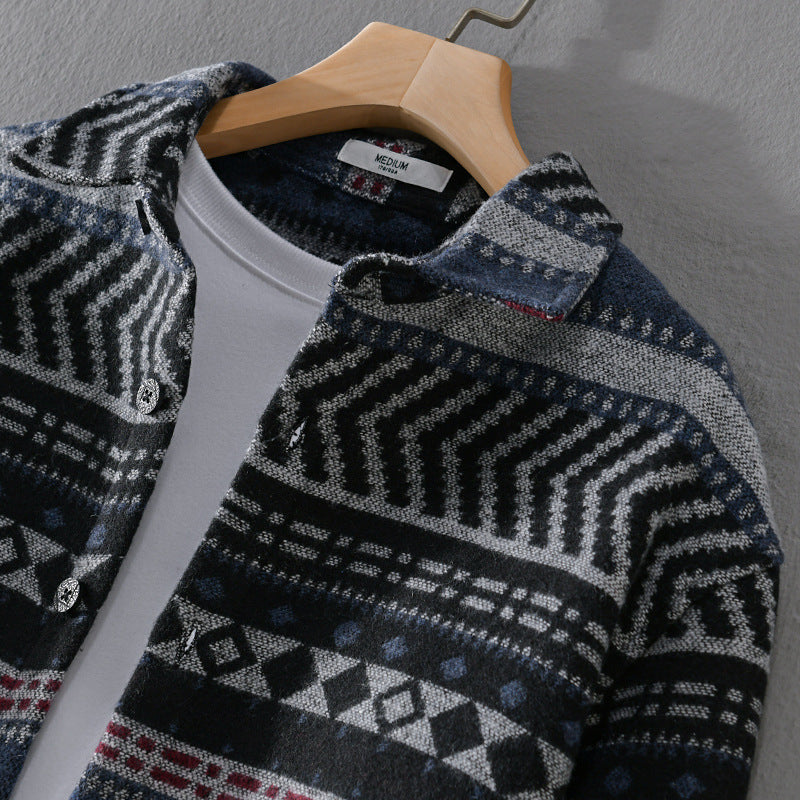 Men's Knitted Shirt Overshirt in Geometric Pattern Chichicherry