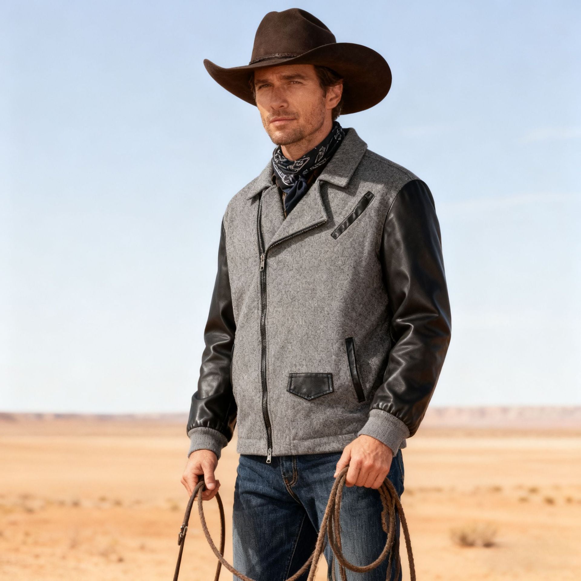 Men's short jacket in aviator style with contrast sleeves and asymmetric zipper Chichicherry