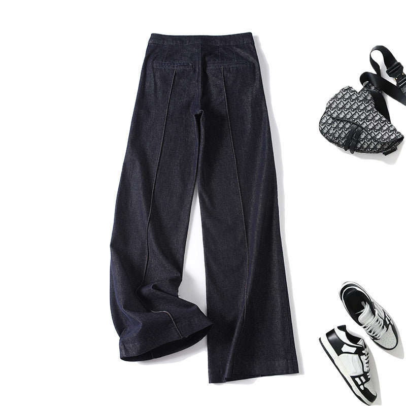 Women's High-Waist Wide Denim Trousers with Continuous Center Seam and Sewn-On Pockets Chichicherry