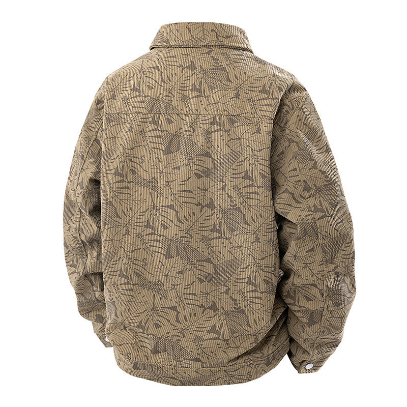 Men's corduroy trucker jacket with jacquard leaf pattern and snap button placket Chichicherry